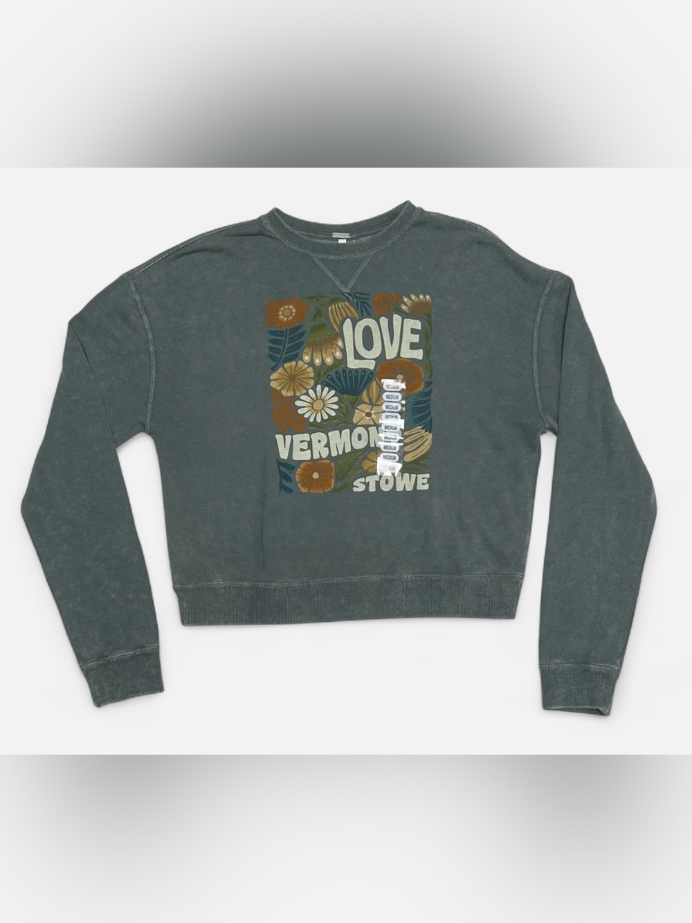 LOVE Vermont Stowe Floral Graphic Crewneck Crop Sweatshirt - Slate Green